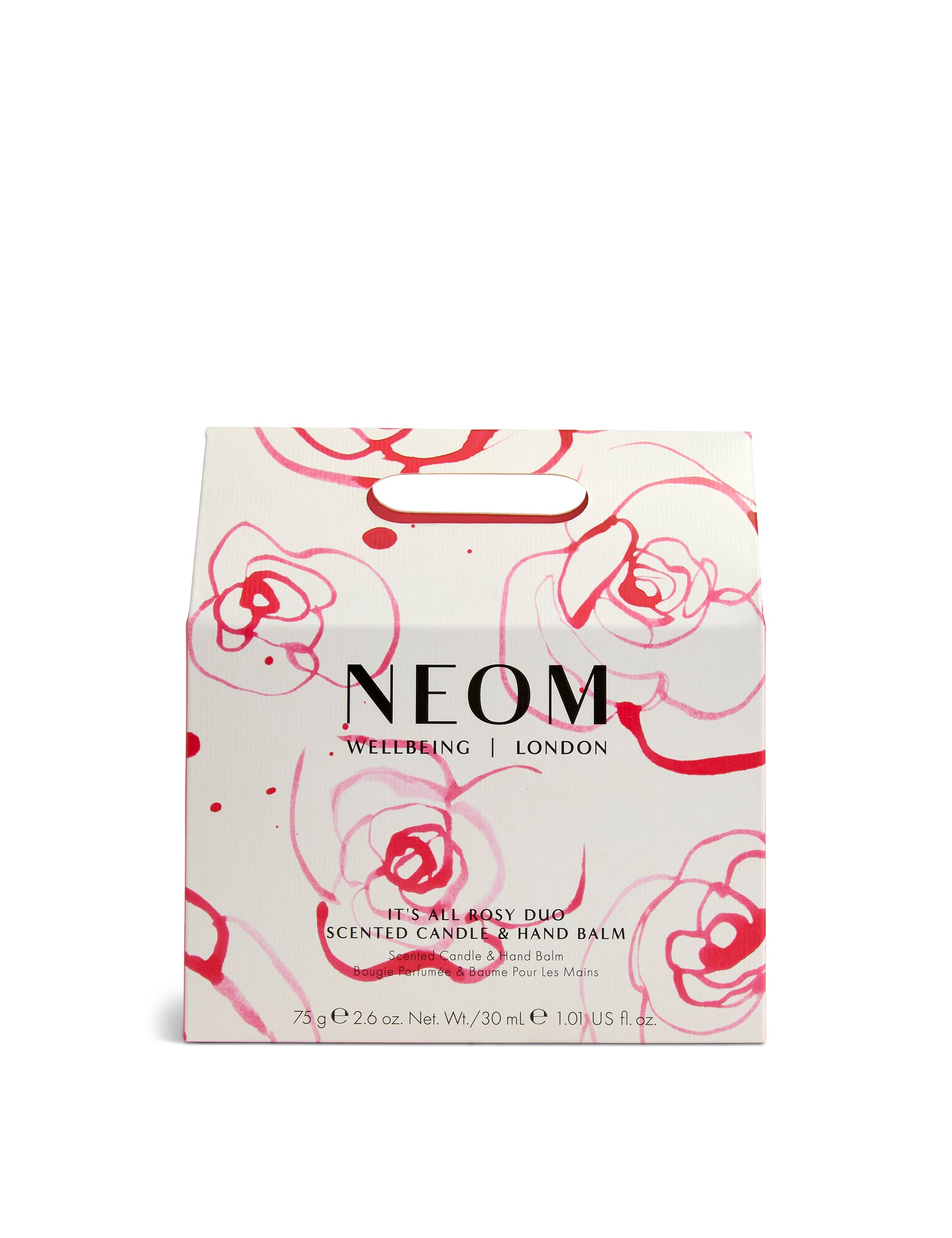 NEOM It's All Rosy scented candle and hand balm set, imported from the UK