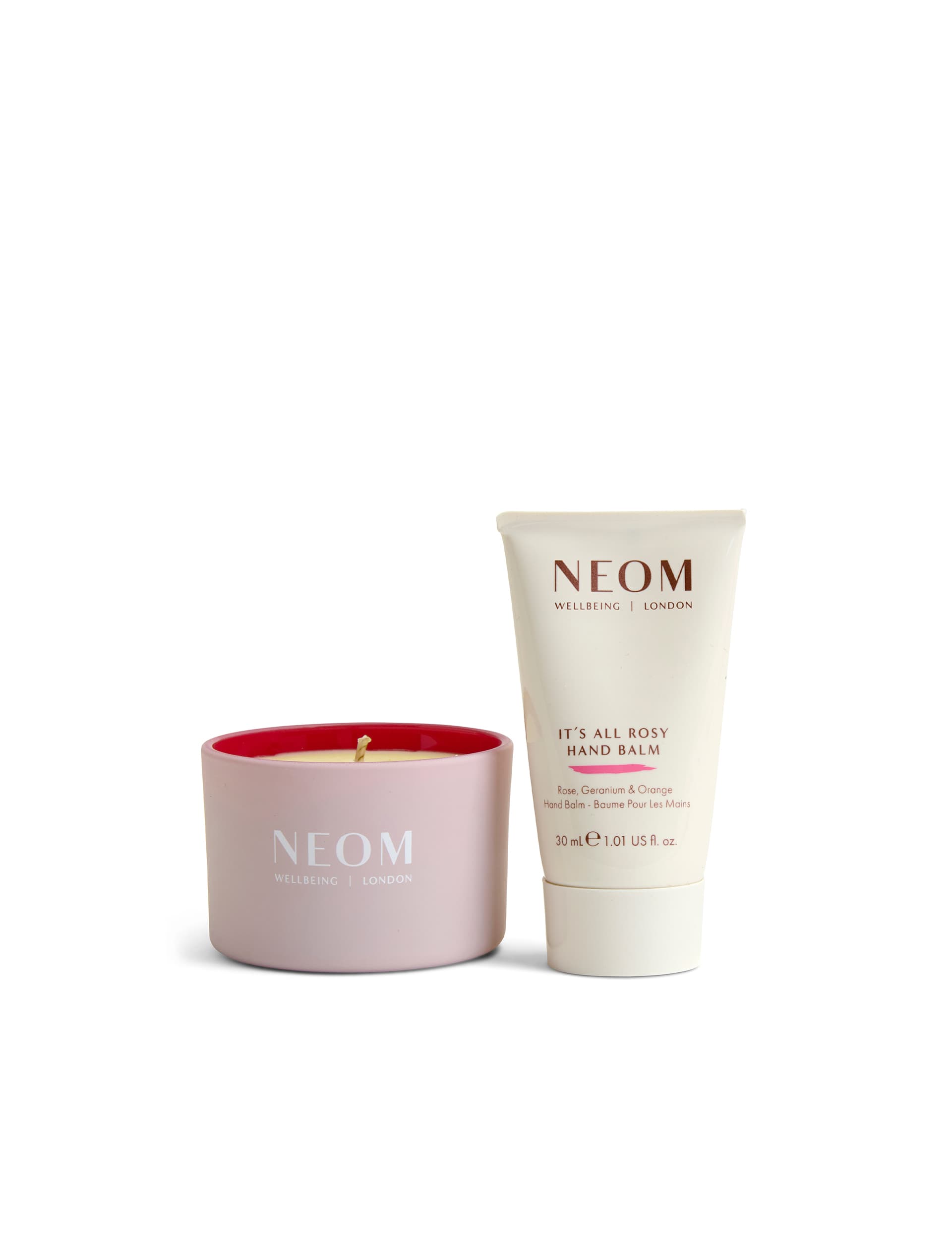 NEOM It's All Rosy scented candle and hand balm set, imported from the UK