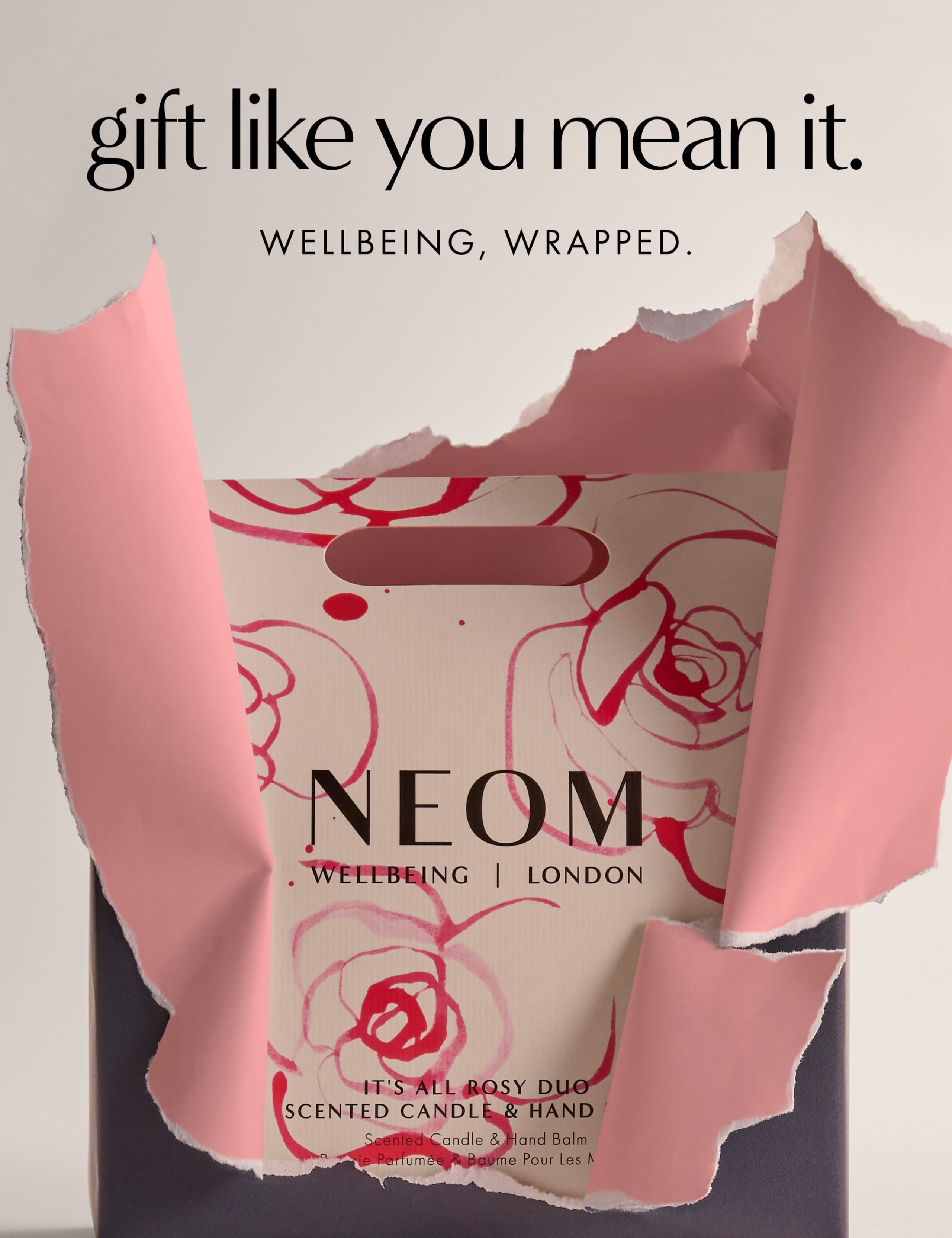 NEOM It's All Rosy scented candle and hand balm set, imported from the UK