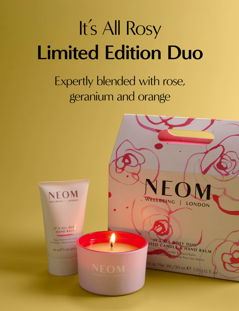 NEOM It's All Rosy scented candle and hand balm set, imported from the UK