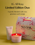 NEOM It's All Rosy scented candle and hand balm set, imported from the UK