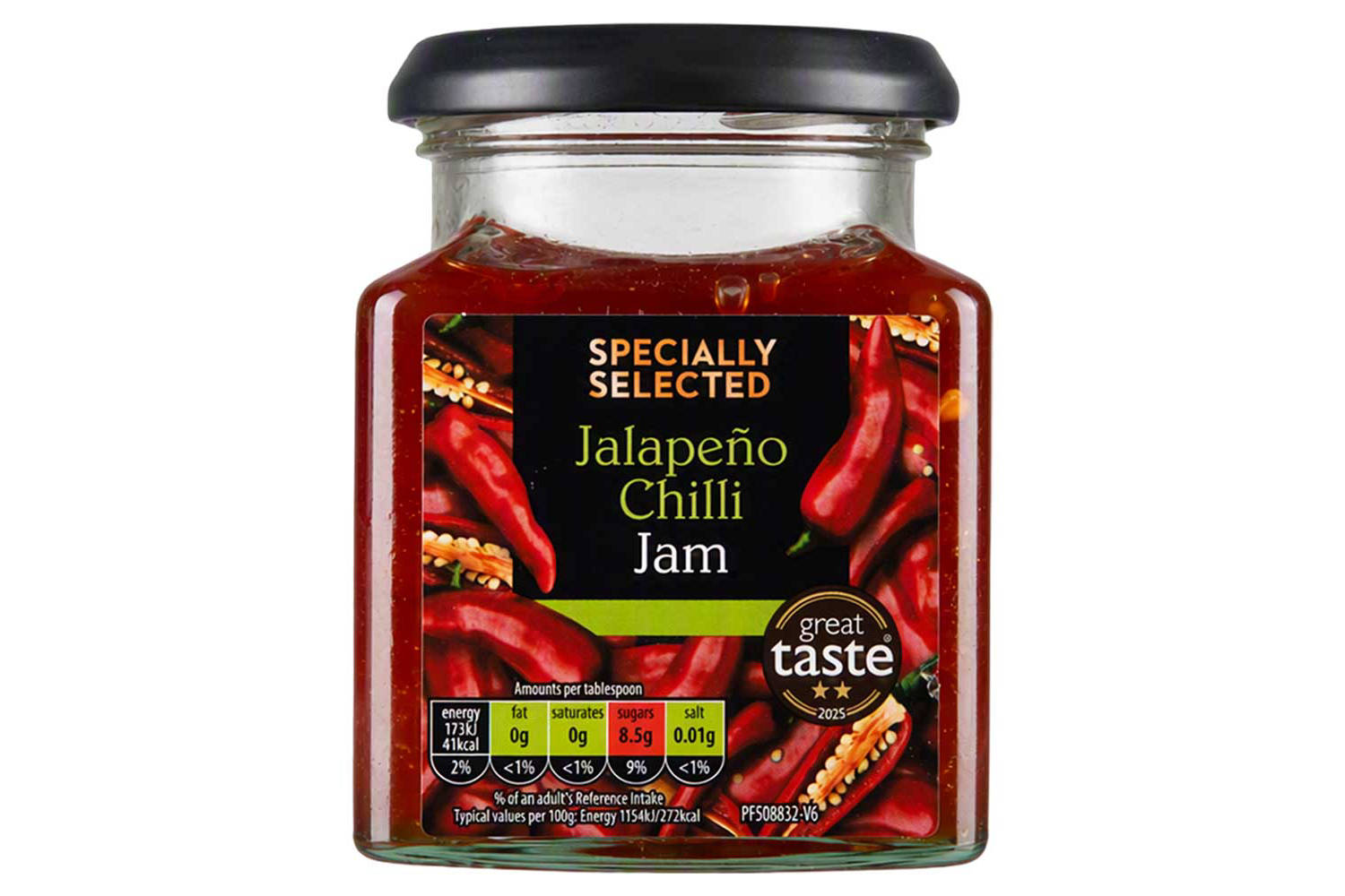 Jalapeño chilli jam with red pepper and bird's eye chillies (British brand)