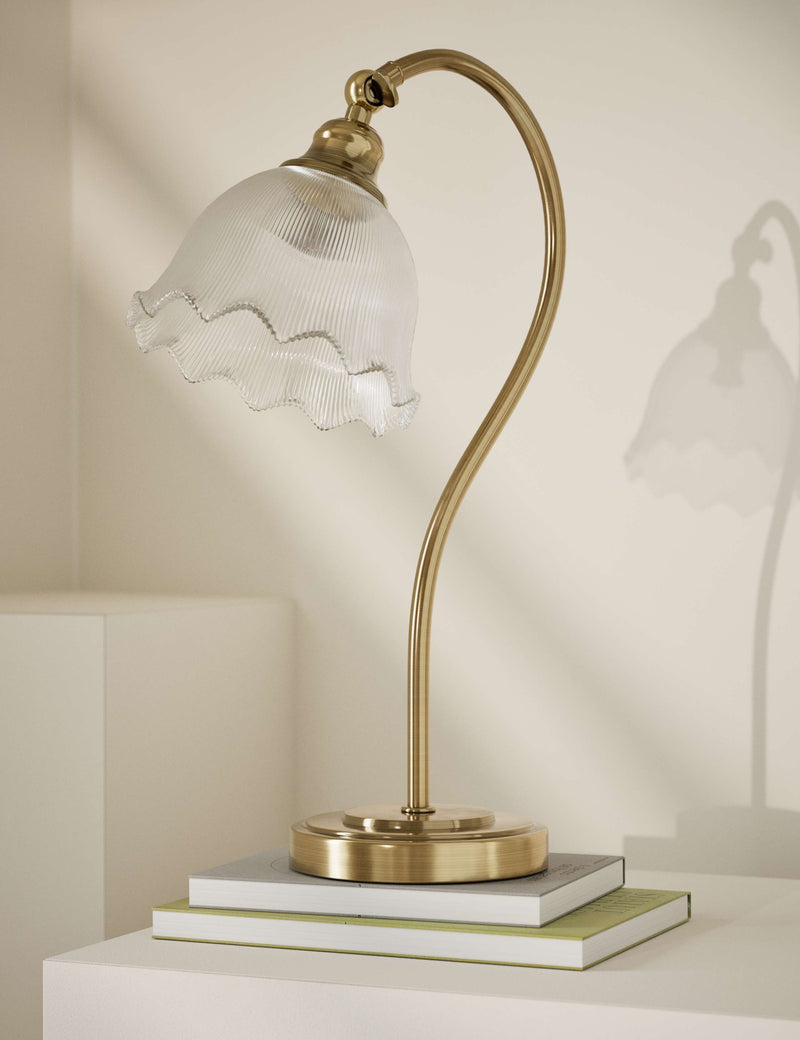 Josephine table lamp antique brass finish glass shade, UK version
