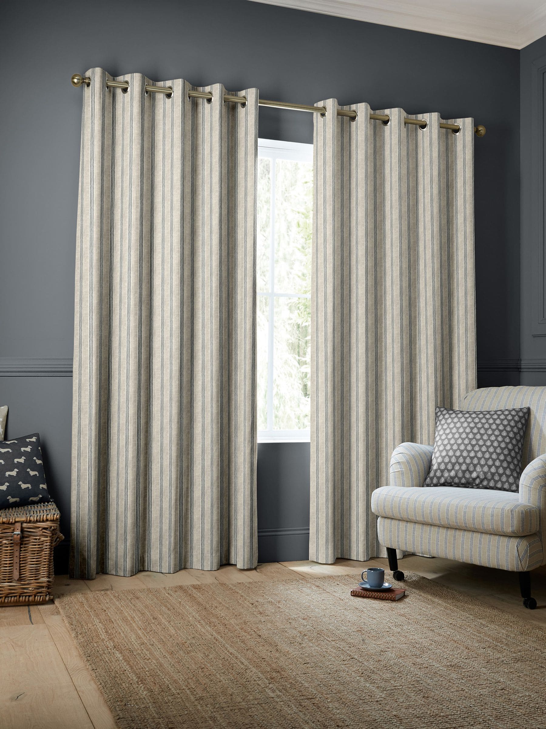Emily Bond curtains charcoal George stripe print, UK version