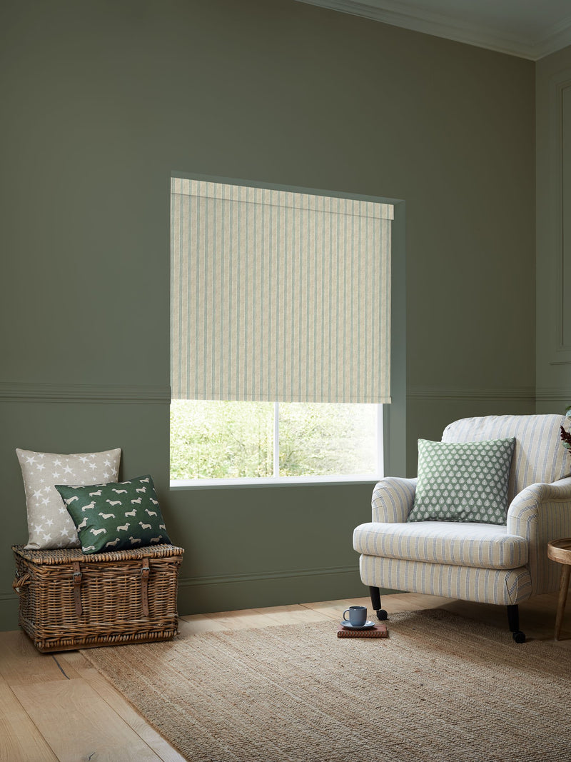 Emily Bond fern green George stripe roller blind, imported from the UK