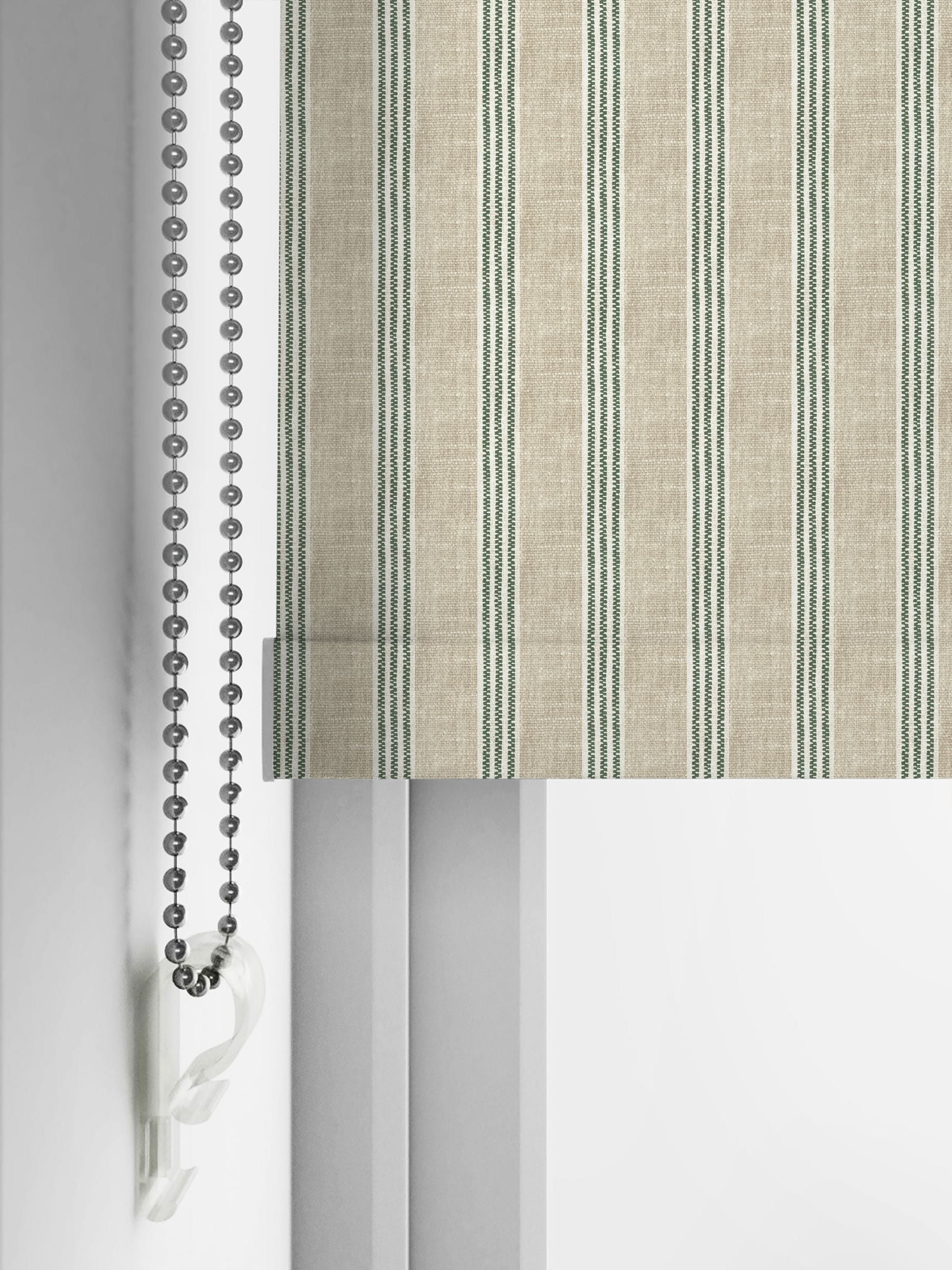 Emily Bond fern green George stripe roller blind, imported from the UK