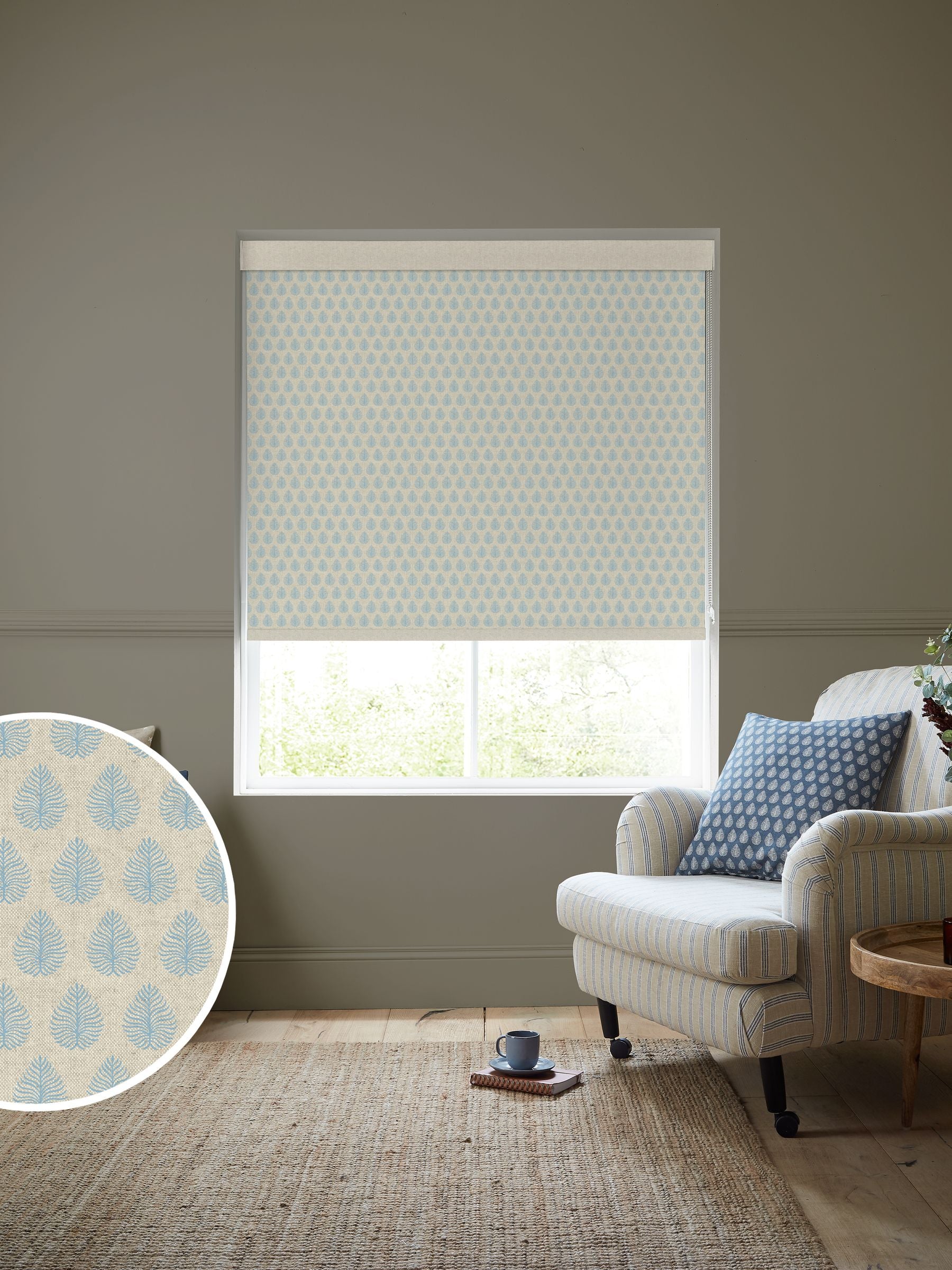 Emily Bond roller blind Sky Blue Jaipur, imported from the UK