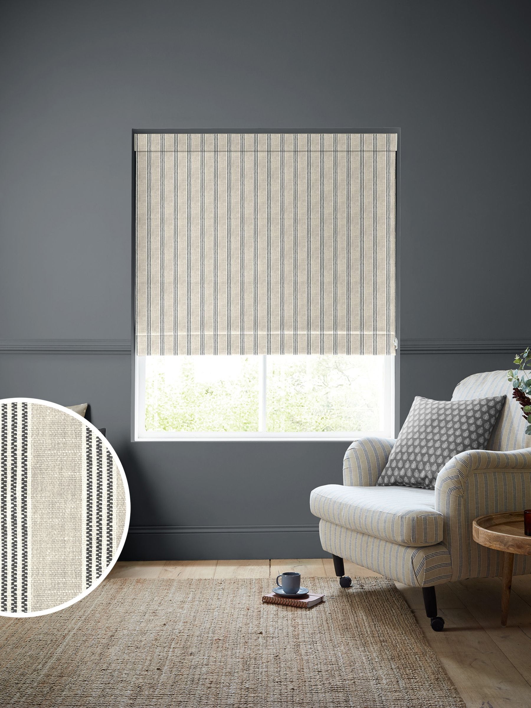 Emily Bond roman blind charcoal grey printed stripe, imported from the UK