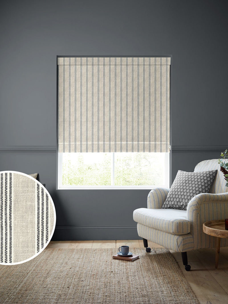Emily Bond roman blind charcoal grey printed stripe, imported from the UK