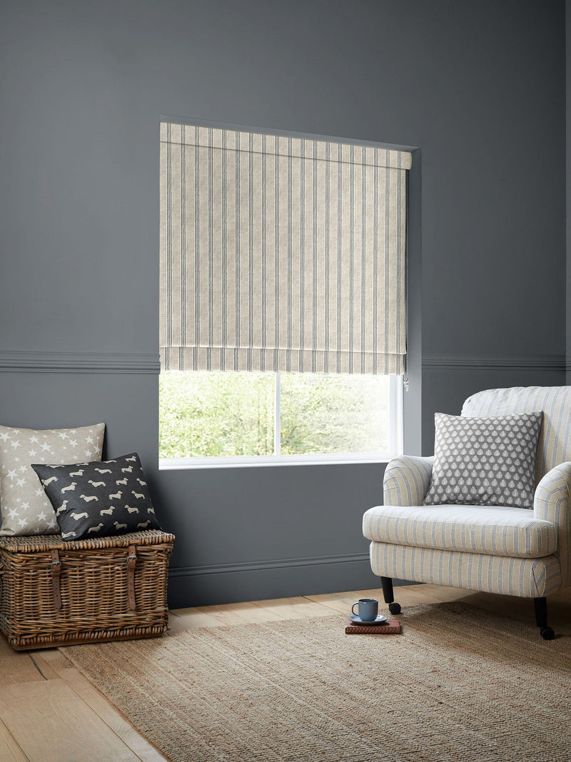 Emily Bond roman blind charcoal grey printed stripe, imported from the UK