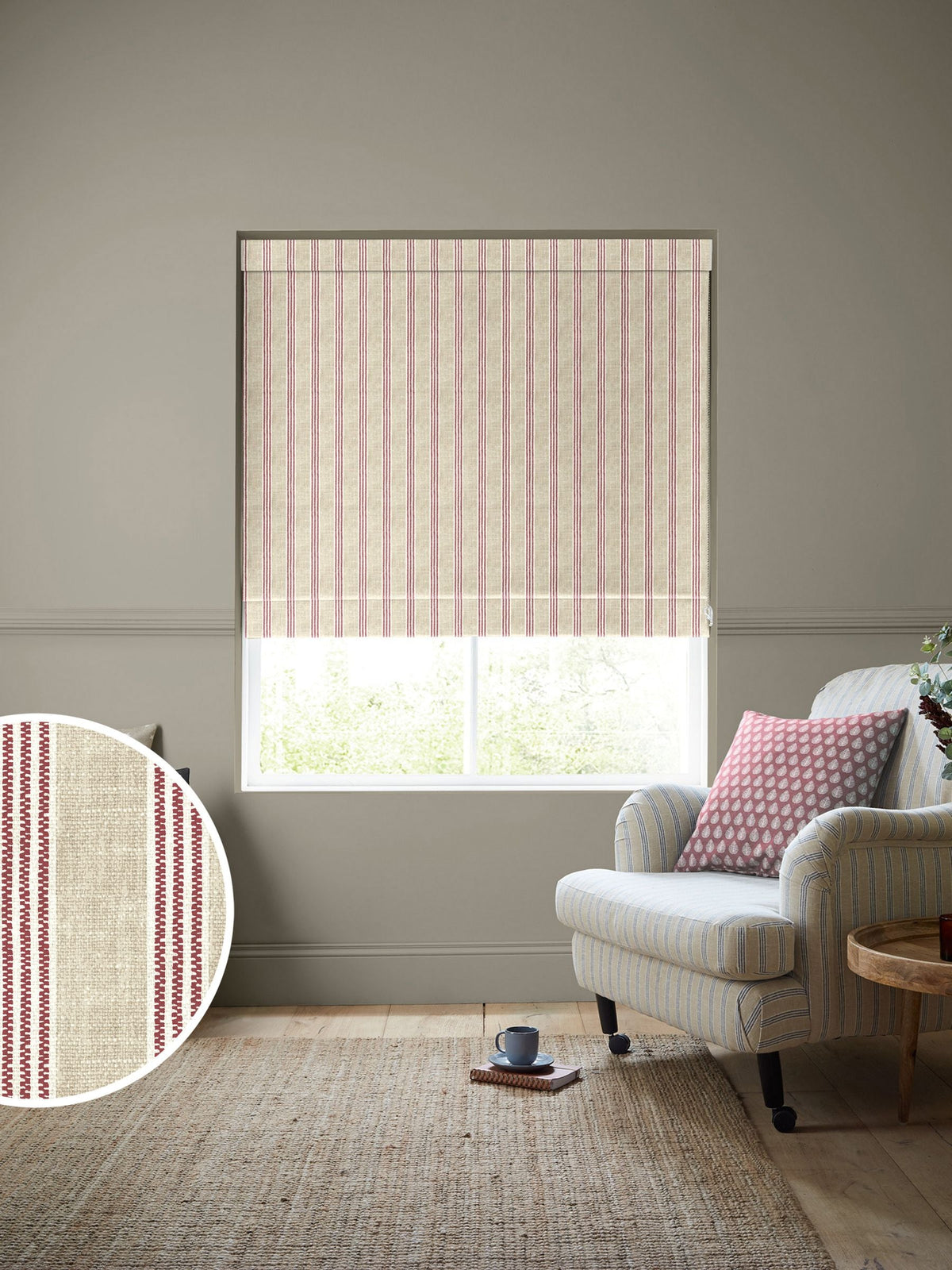Emily Bond red George printed stripe roman blind 100% cotton, UK version