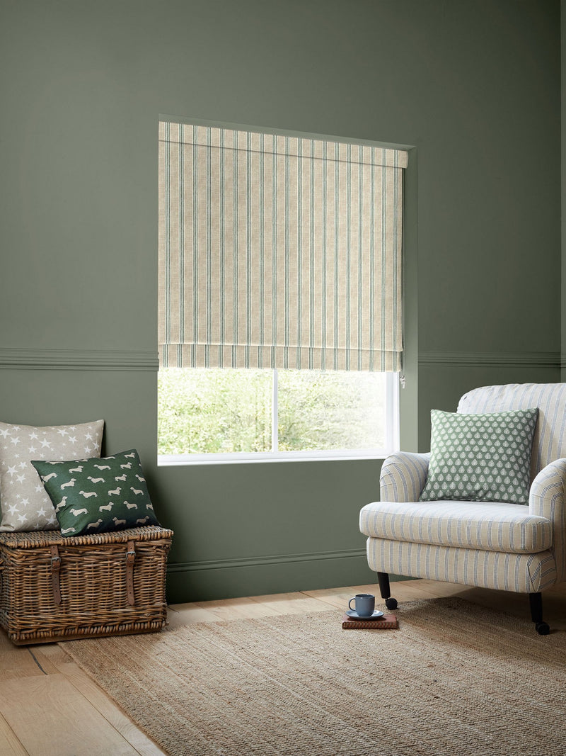 Emily Bond fern green George roman blind, imported from the UK
