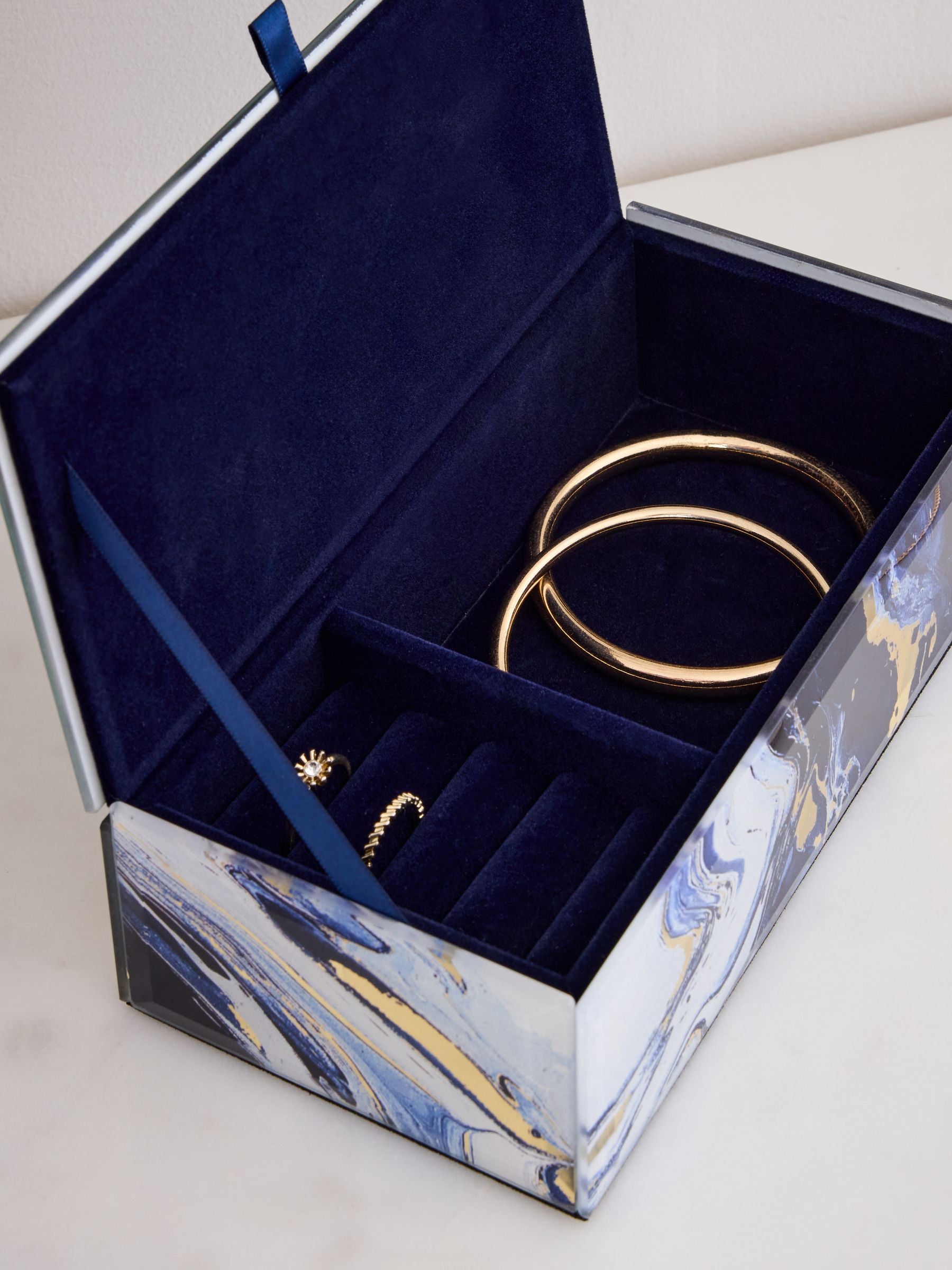 Navy marble effect glass jewellery box with velvet lining, imported from the UK