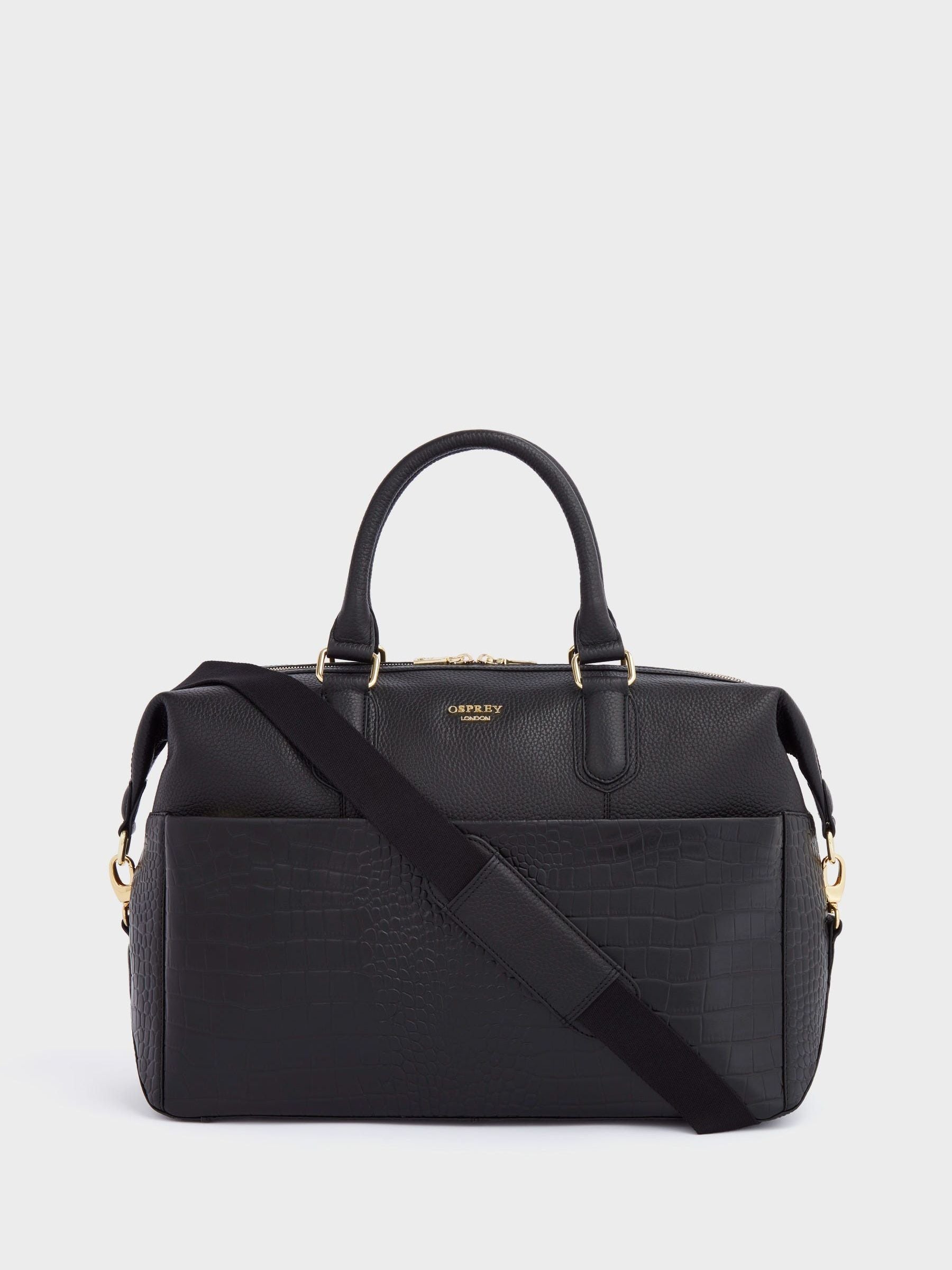 Osprey London Kellie weekender bag in black grainy hide, imported from the UK