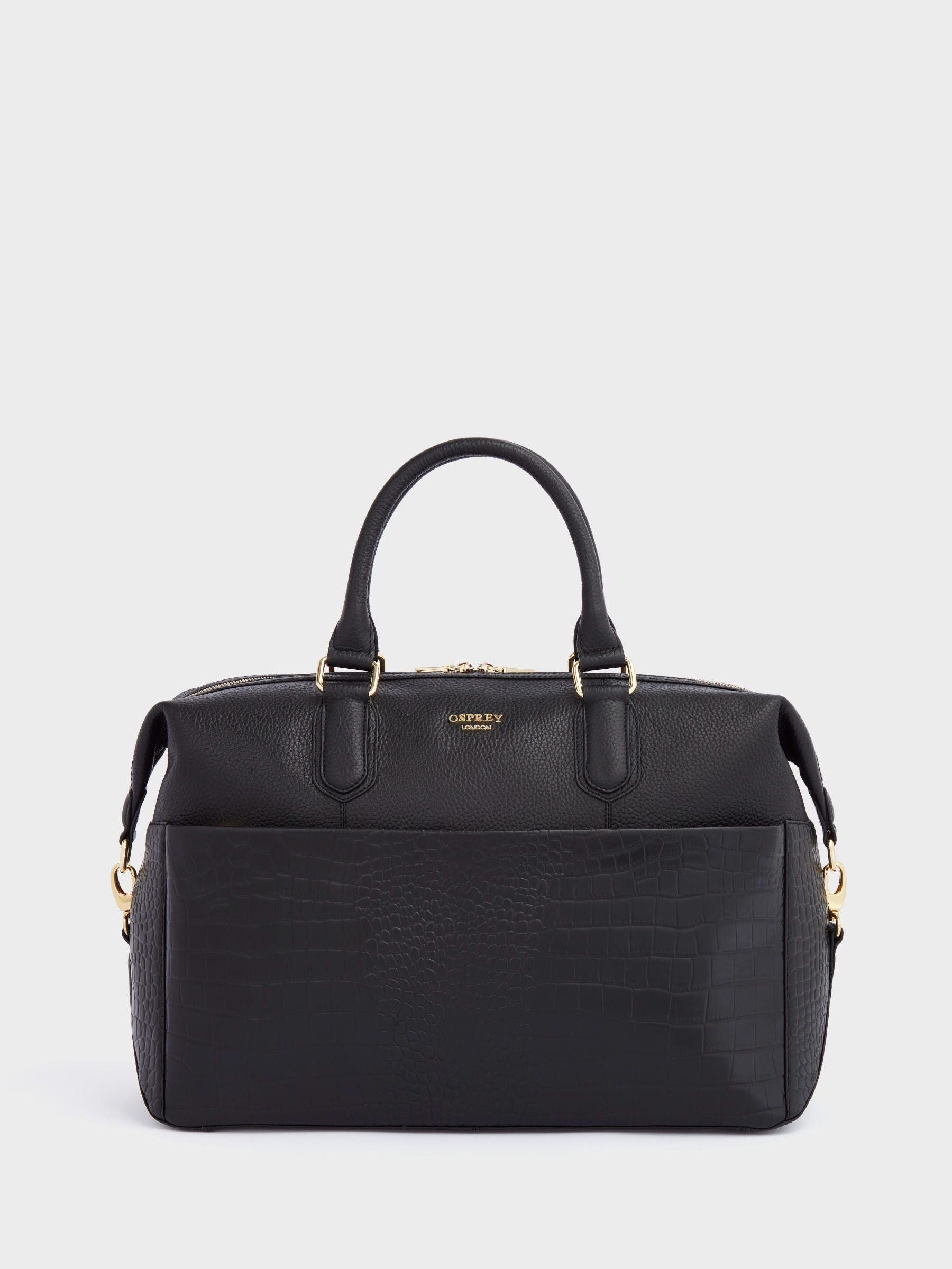 Osprey London Kellie weekender bag in black grainy hide, imported from the UK