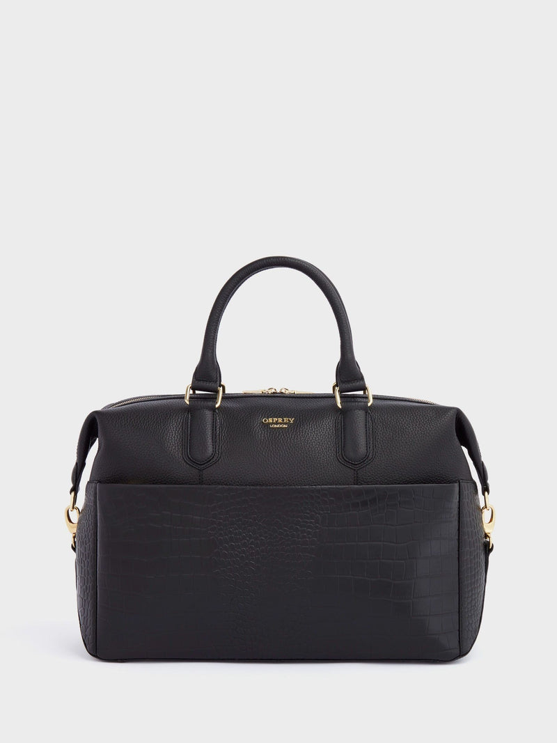 Osprey London Kellie weekender bag in black grainy hide, imported from the UK