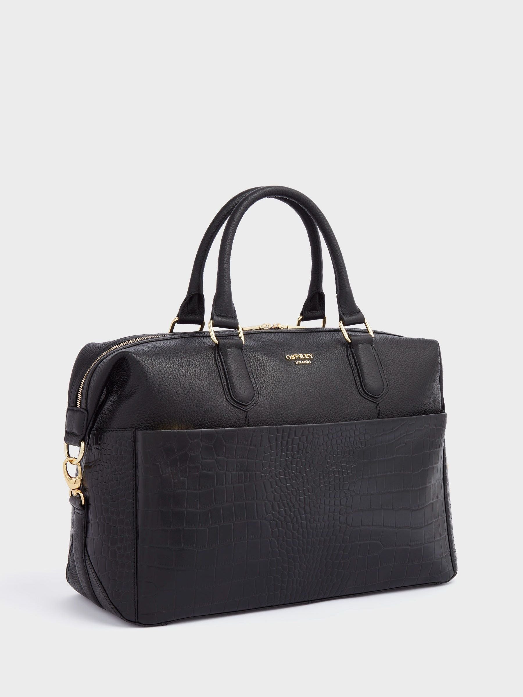 Osprey London Kellie weekender bag in black grainy hide, imported from the UK
