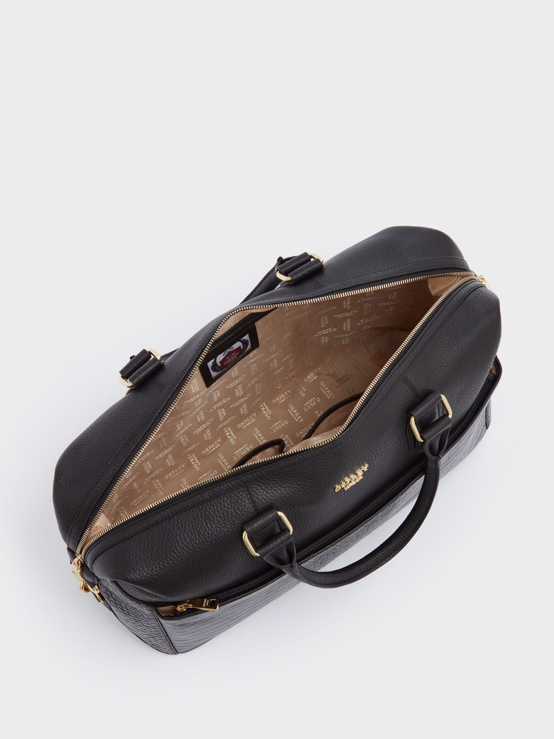 Osprey London Kellie weekender bag in black grainy hide, imported from the UK