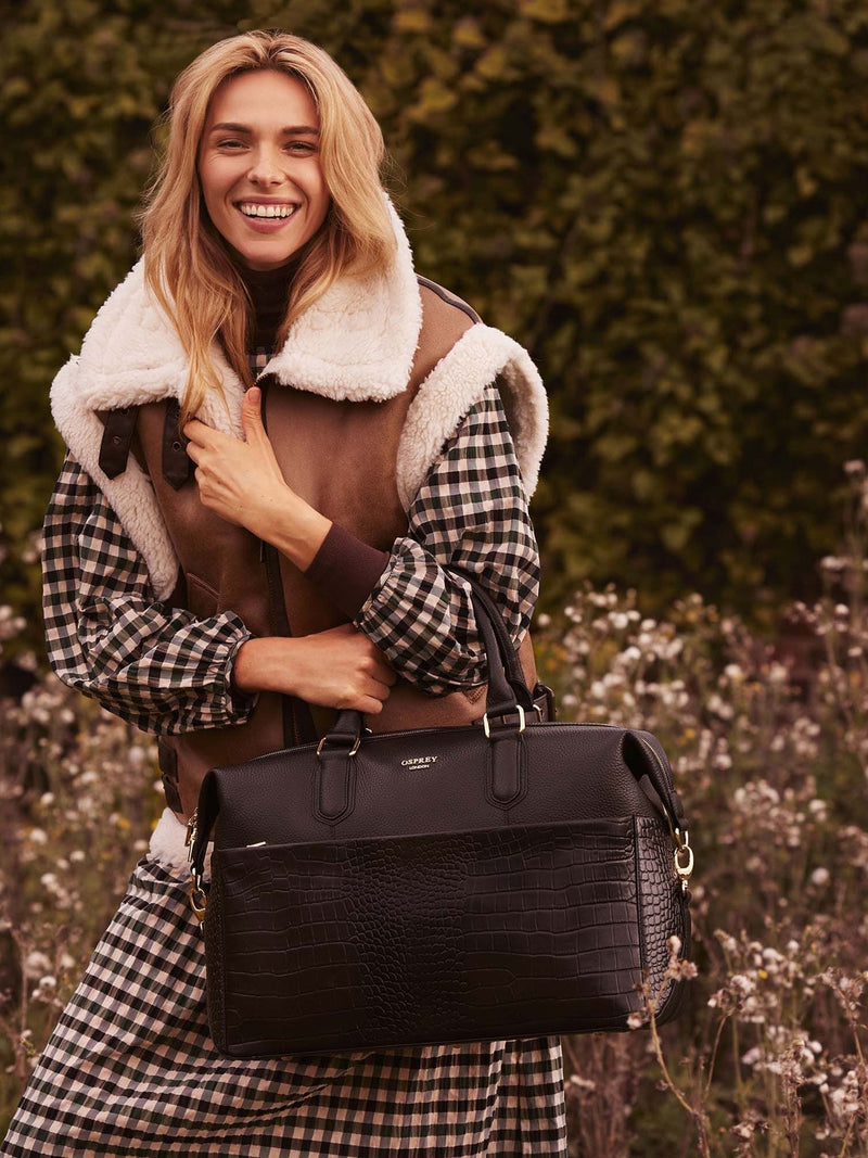 Osprey London Kellie weekender bag in black grainy hide, imported from the UK