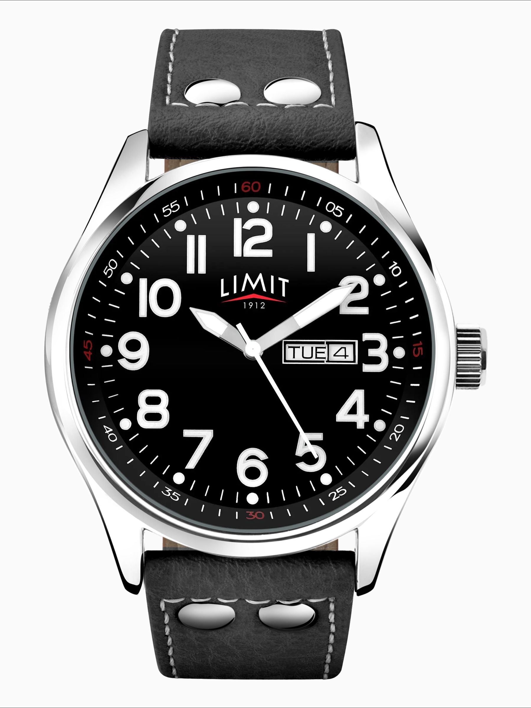 Limit Pilot watch 43mm silver case black dial black strap (British brand)