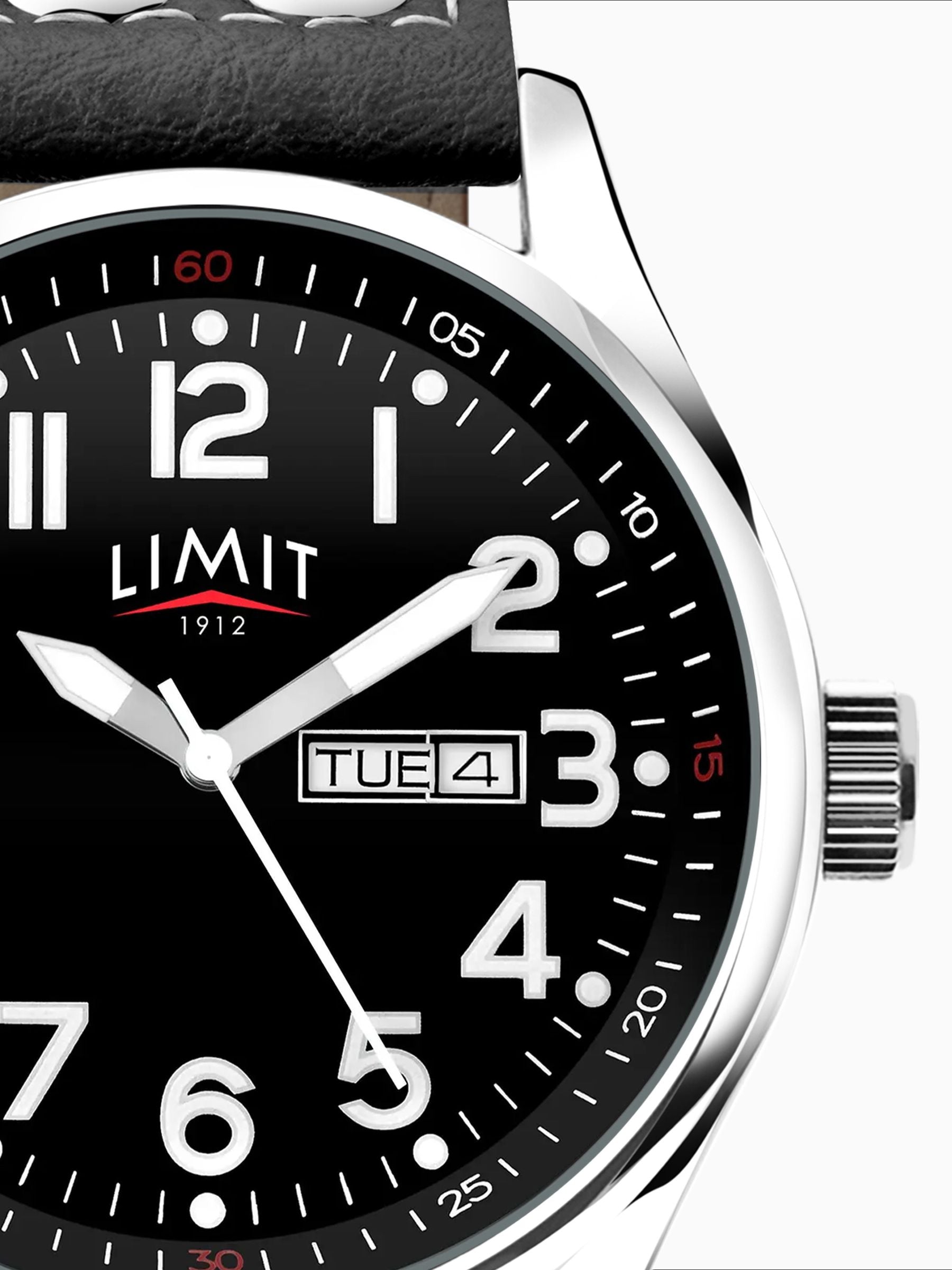 Limit Pilot watch 43mm silver case black dial black strap (British brand)
