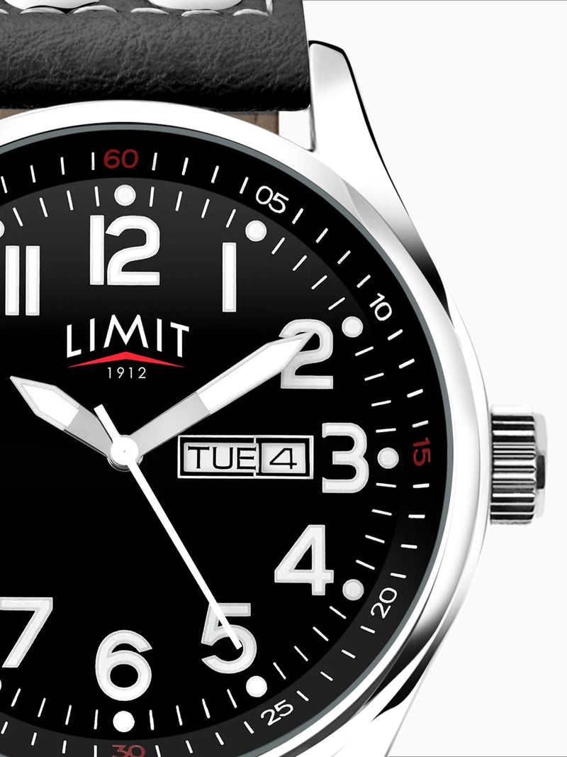 Limit Pilot watch 43mm silver case black dial black strap (British brand)