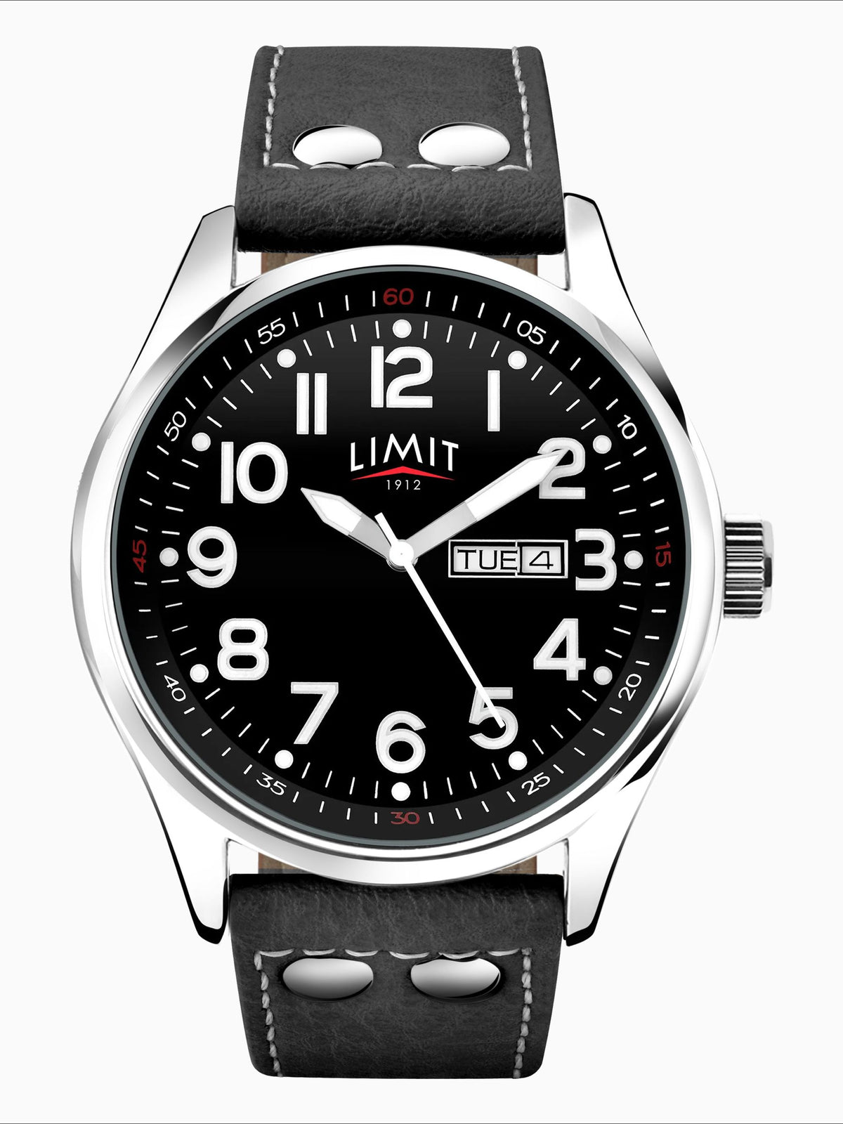 Limit Pilot watch 43mm silver case black dial black strap (British brand)