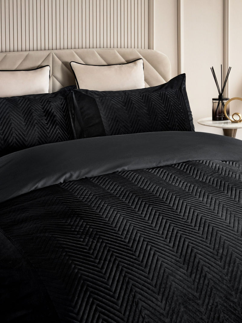 Madison black quilted velvet duvet cover and pillowcase set - British product