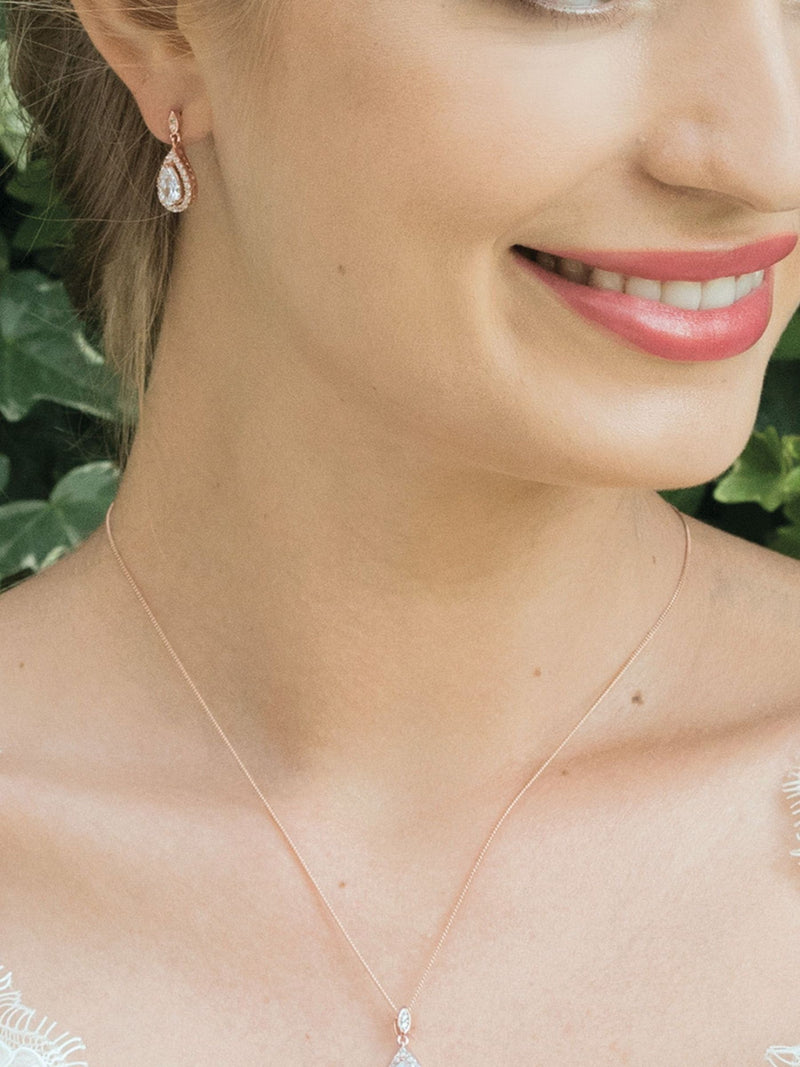 Ivory & Co rose gold and crystal teardrop pendant and earring set, UK version