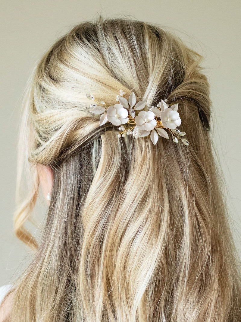 Ivory & Co gold gardenia hair clip with crystals and pearls 10.5cm, UK version