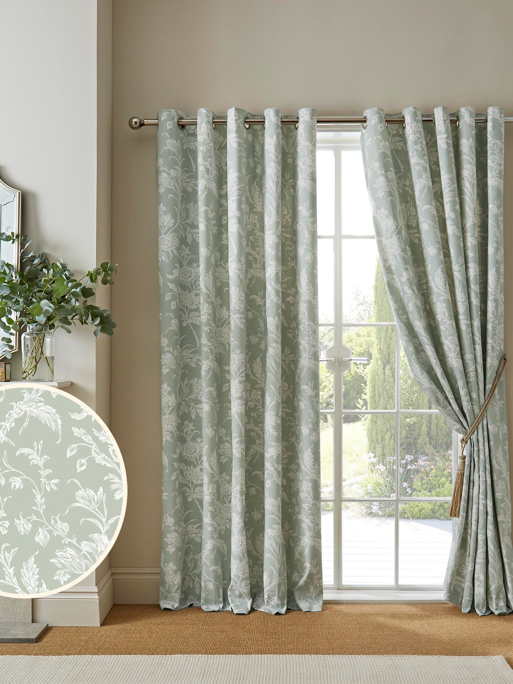 Laura Ashley green sage blackout eyelet curtains 224x274cm, UK version