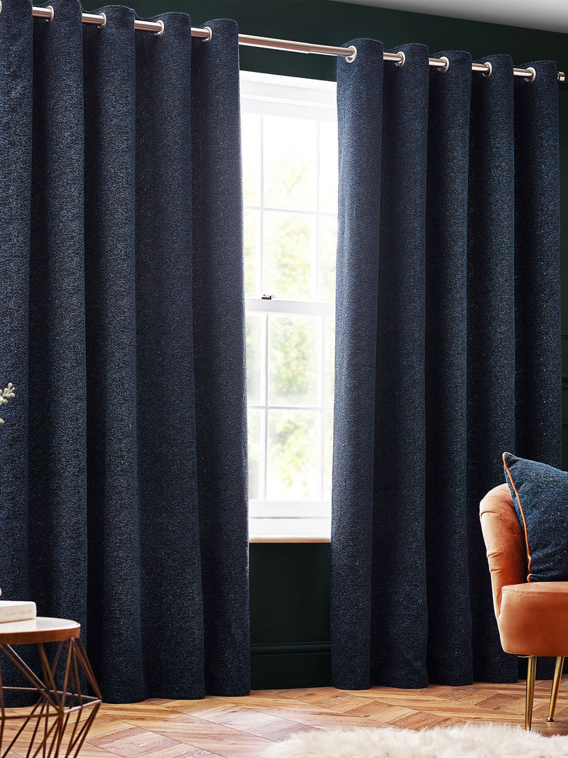 Riva Paoletti Navy Galaxy Chenille curtains, imported from the UK