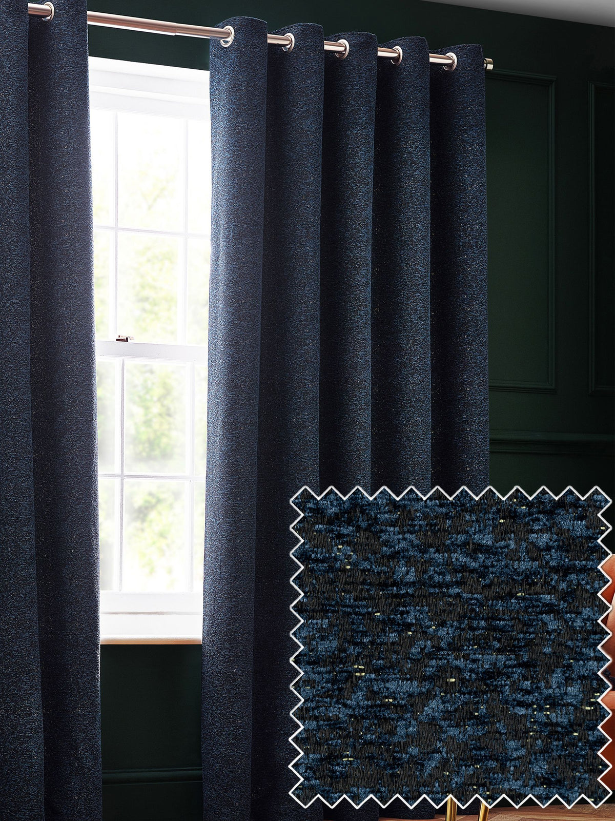 Riva Paoletti Navy Galaxy Chenille curtains, imported from the UK