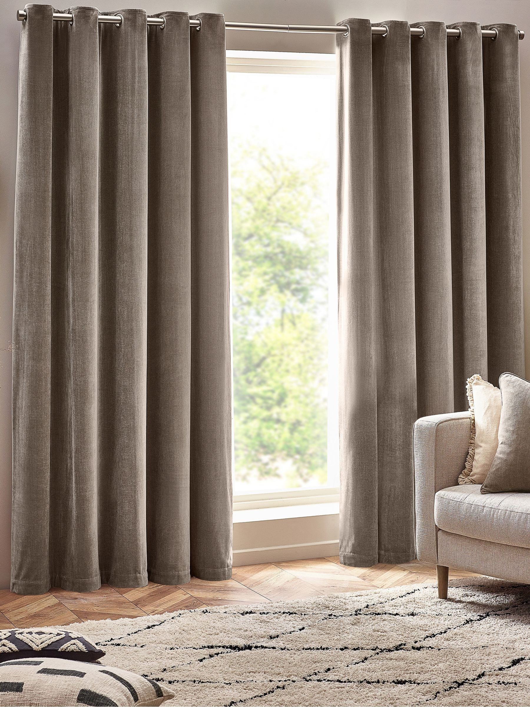 Yard greige heavy chenille lined eyelet curtains, imported from the UK