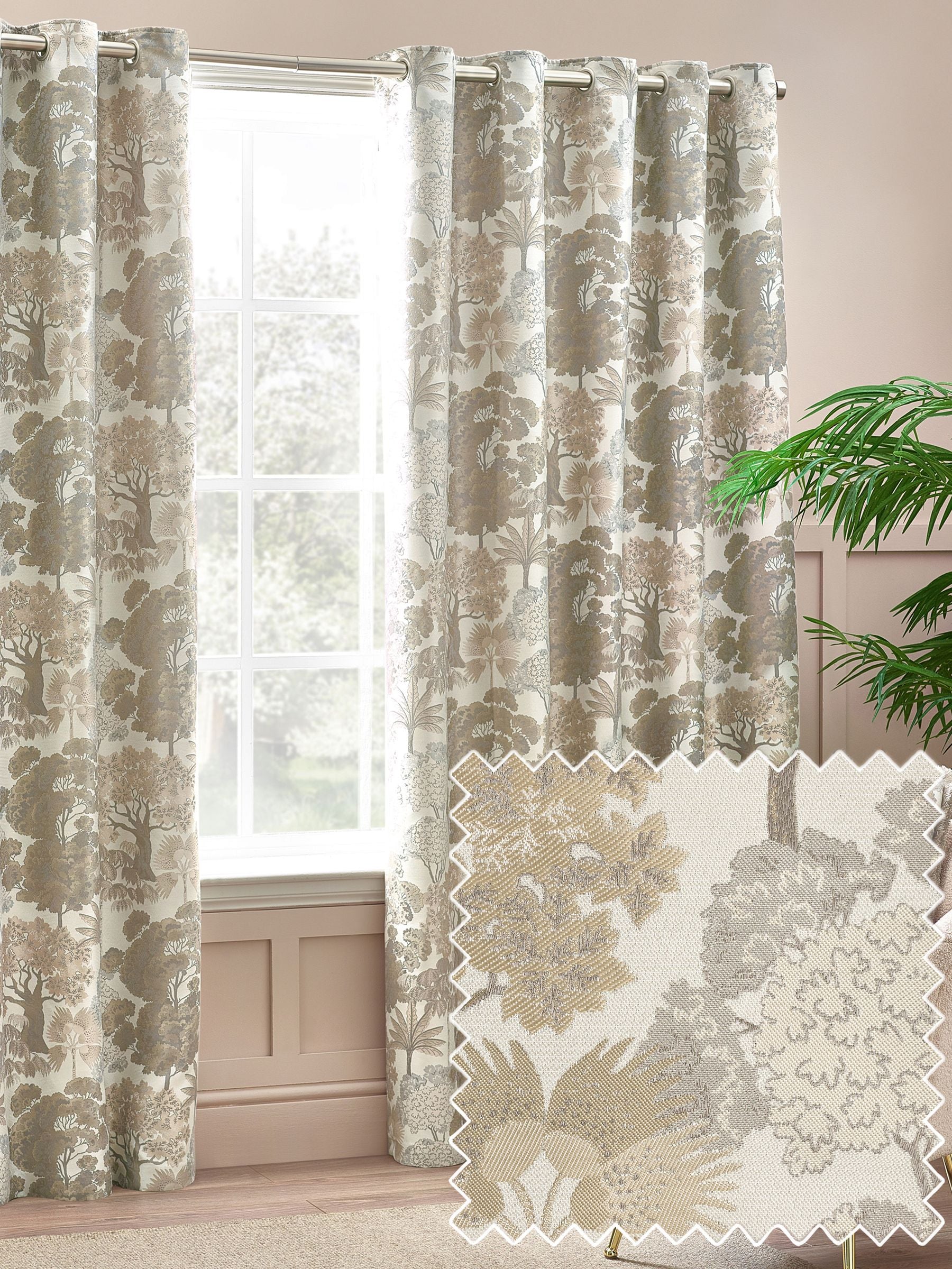 Wylder Natural Woodlands floral jacquard eyelet curtains, imported from the UK