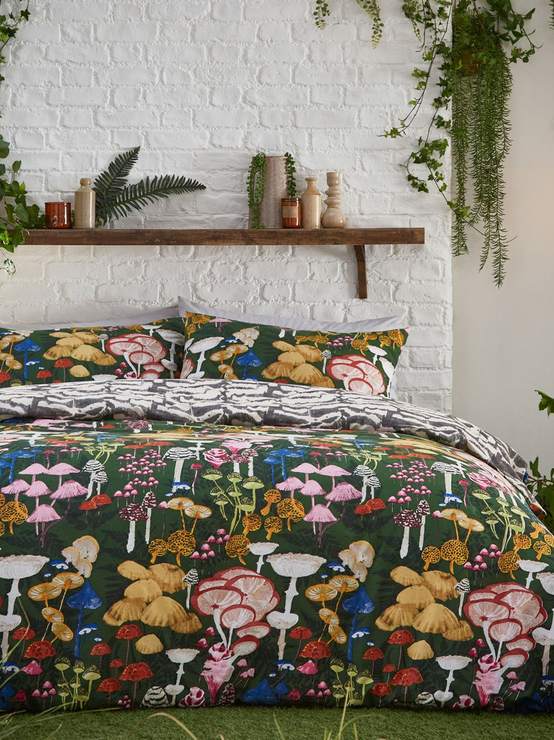 Furn Green Amanita reversible mushroom duvet cover and pillowcase set - British product