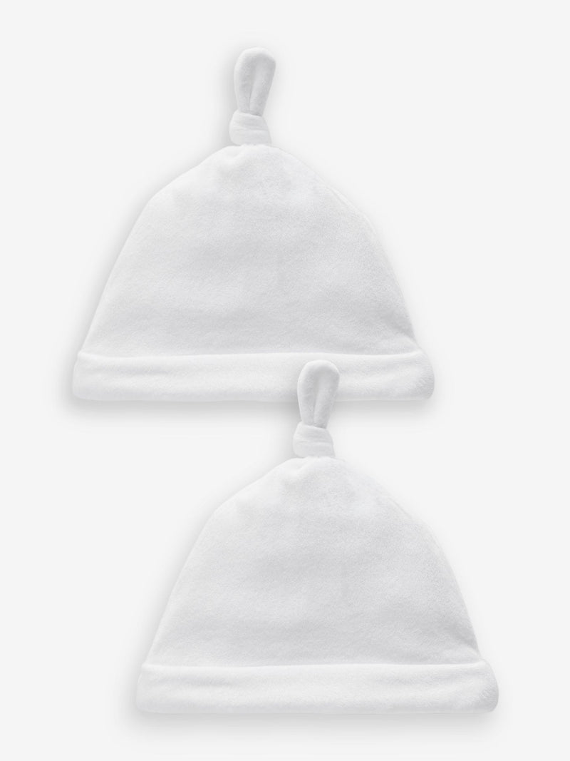 White velour baby tie top hats 2 pack 0-12 months, imported from the UK