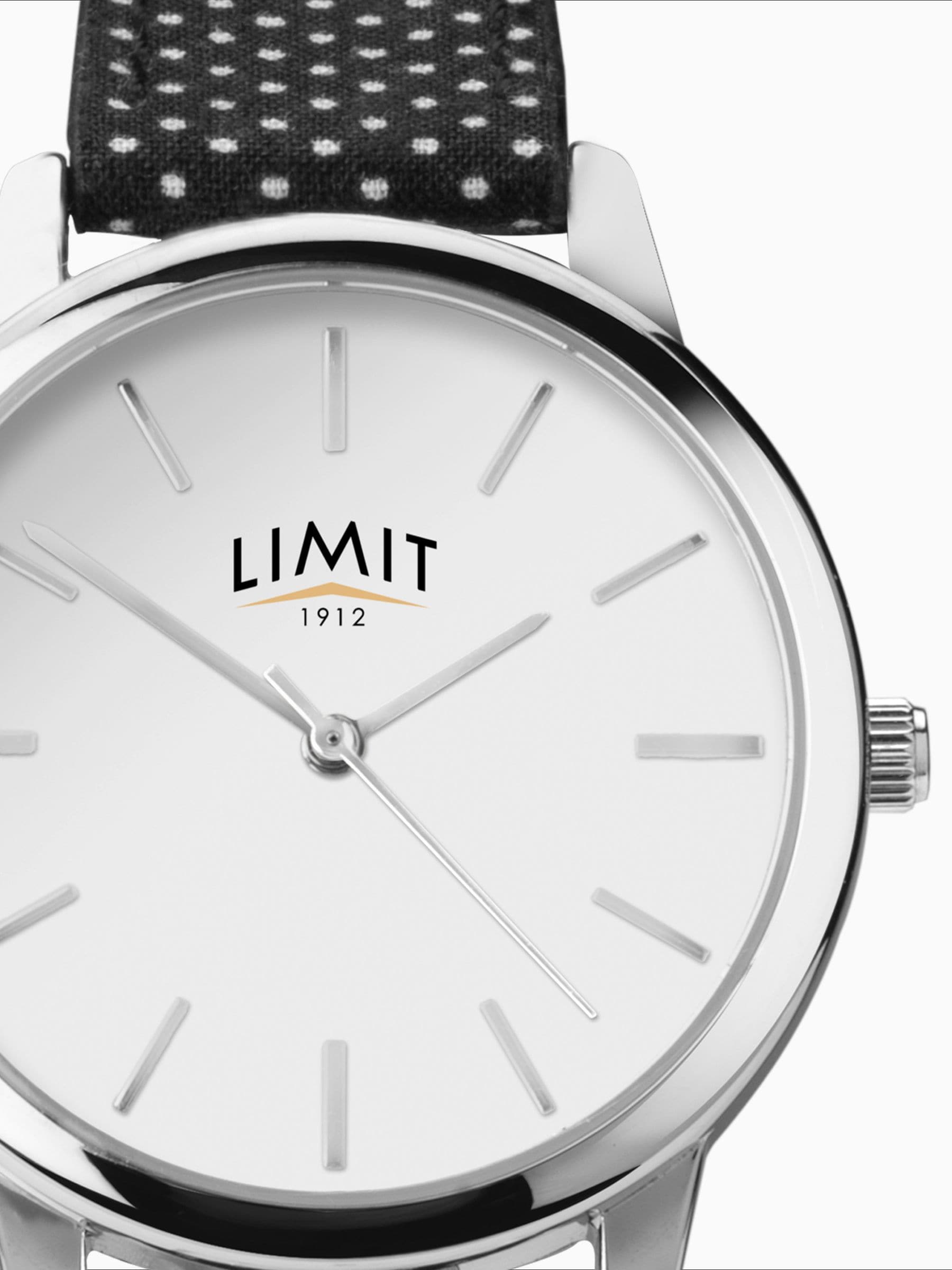 Limit ladies analogue watch 34mm silver case with black polka dot strap, imported from the UK