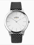 Limit ladies analogue watch 34mm silver case with black polka dot strap, imported from the UK