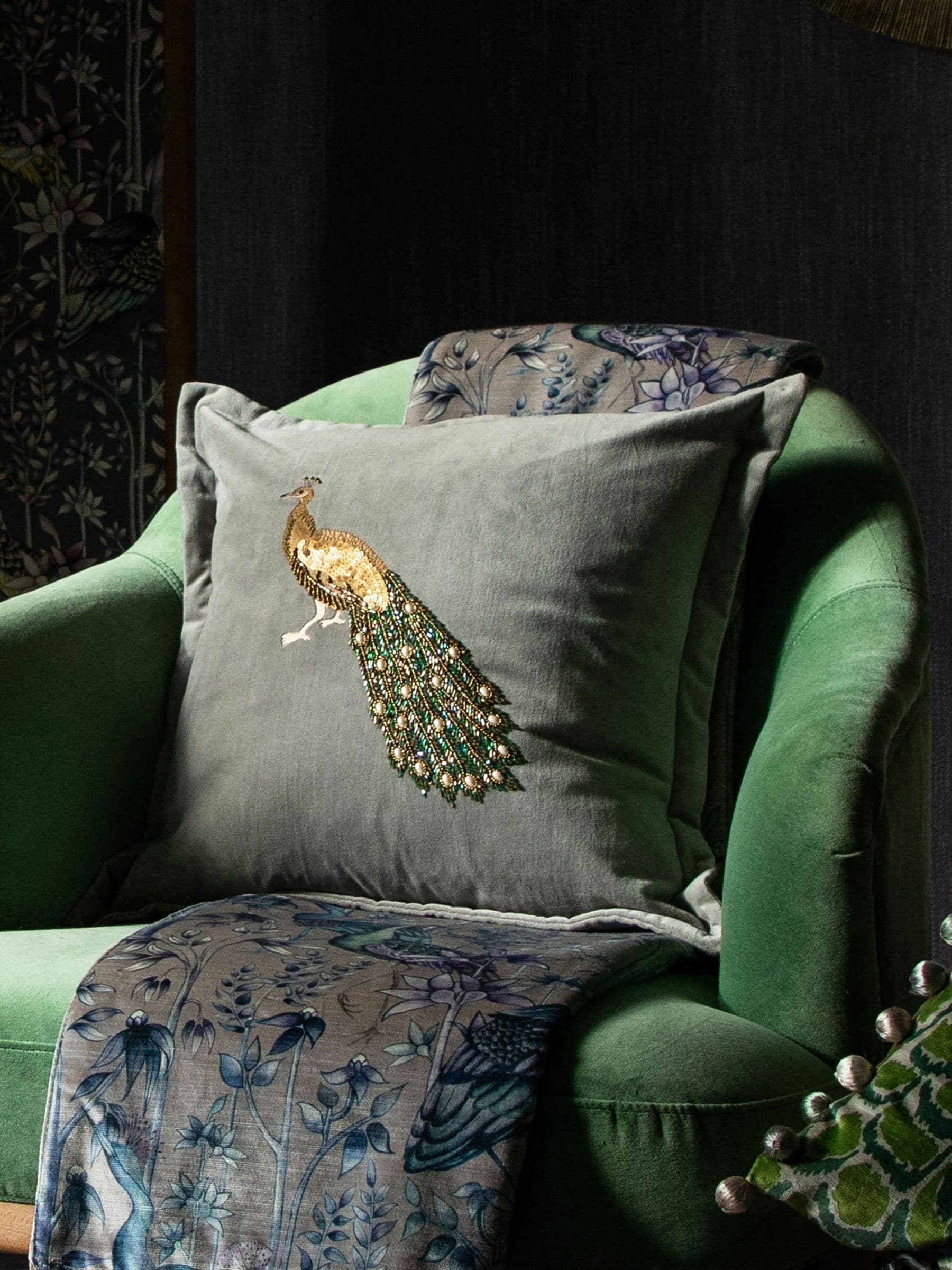 Voyage Oxford cushion embroidered peacock design 55cm, UK version