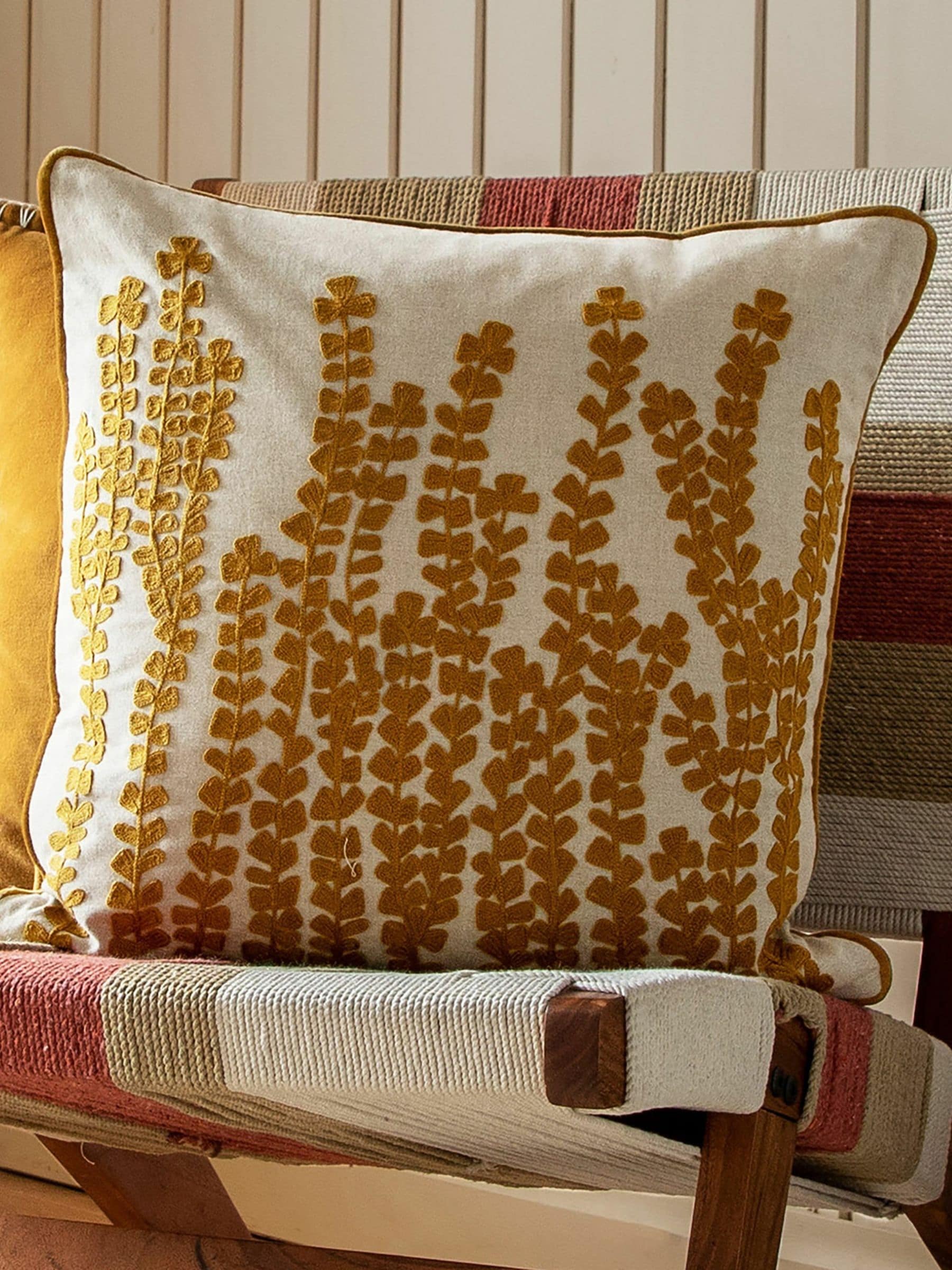 Voyage mustard herb floral piped cushion 50cm, imported from the UK