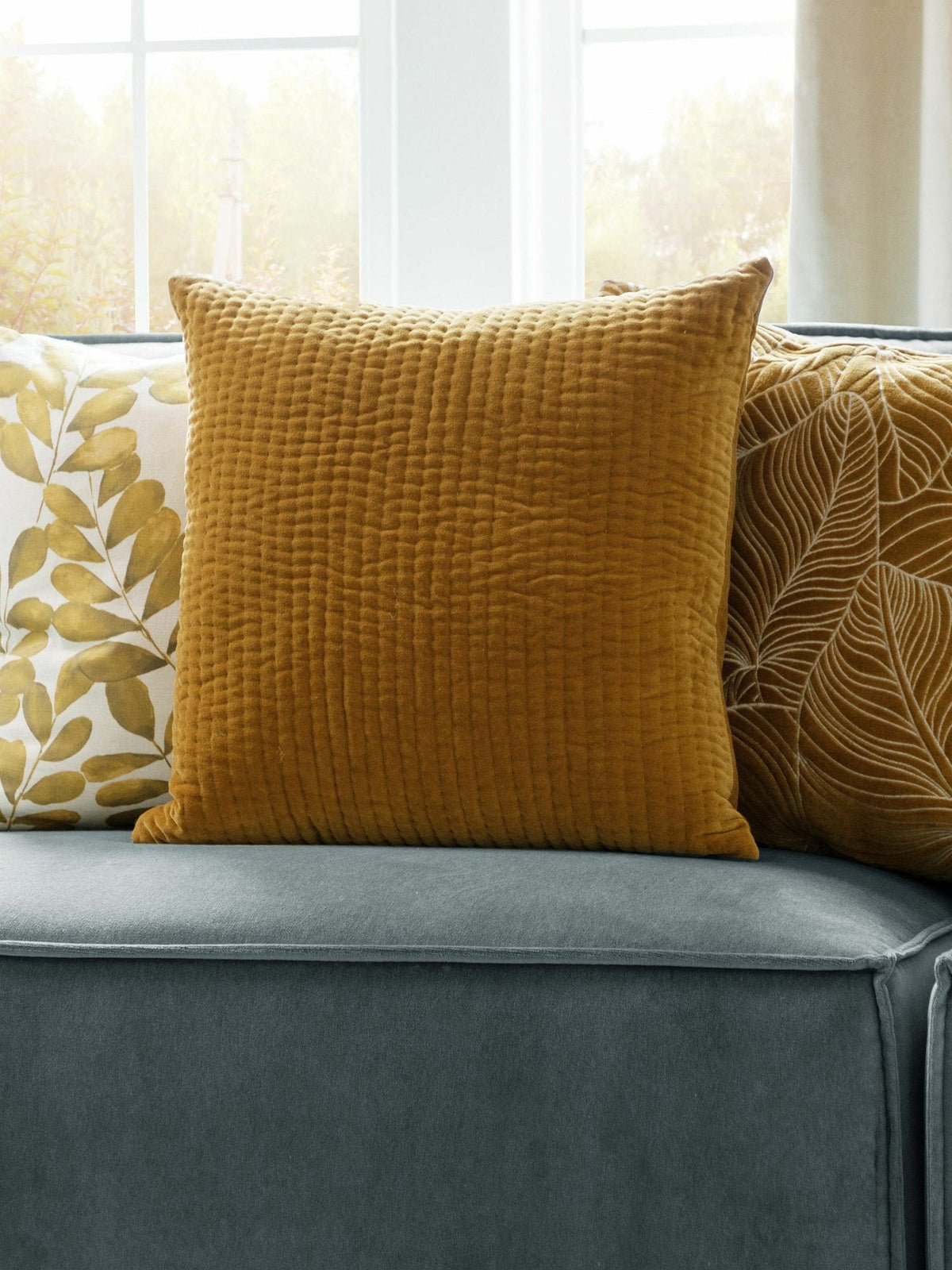 Voyage mustard yellow velvet cushion 50x50cm, UK version
