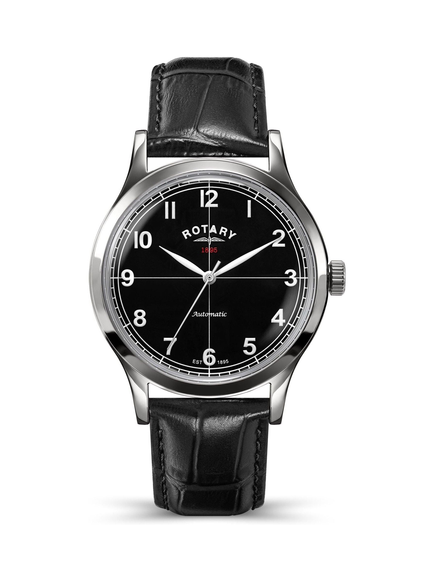 Rotary automatic watch black dial leather strap 40mm (British brand)
