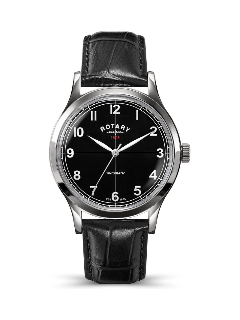 Rotary automatic watch black dial leather strap 40mm (British brand)