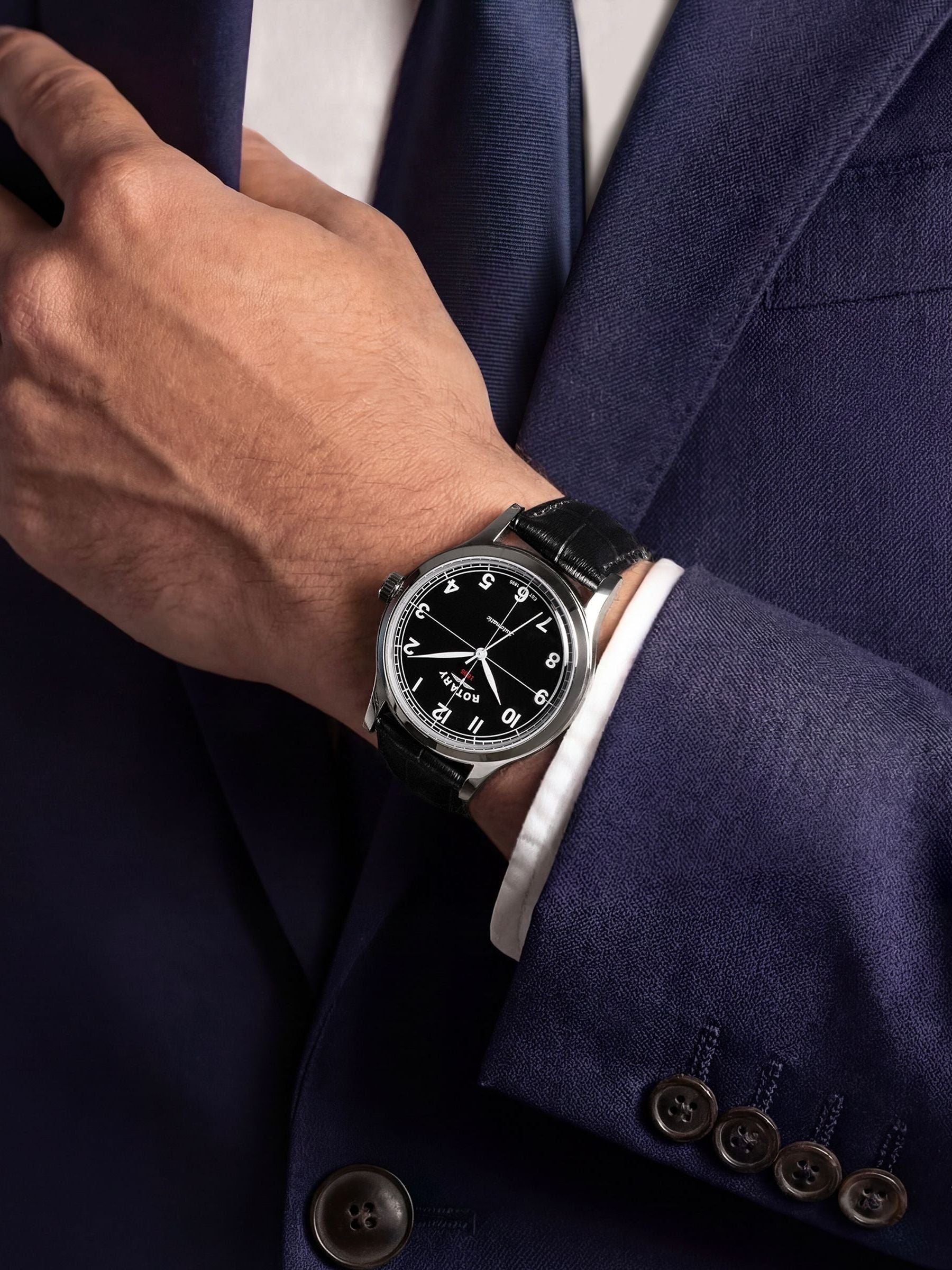 Rotary automatic watch black dial leather strap 40mm (British brand)