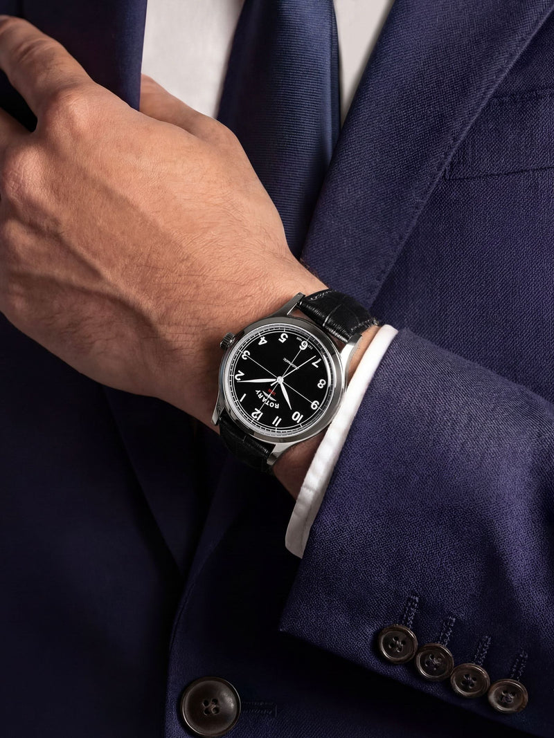 Rotary automatic watch black dial leather strap 40mm (British brand)