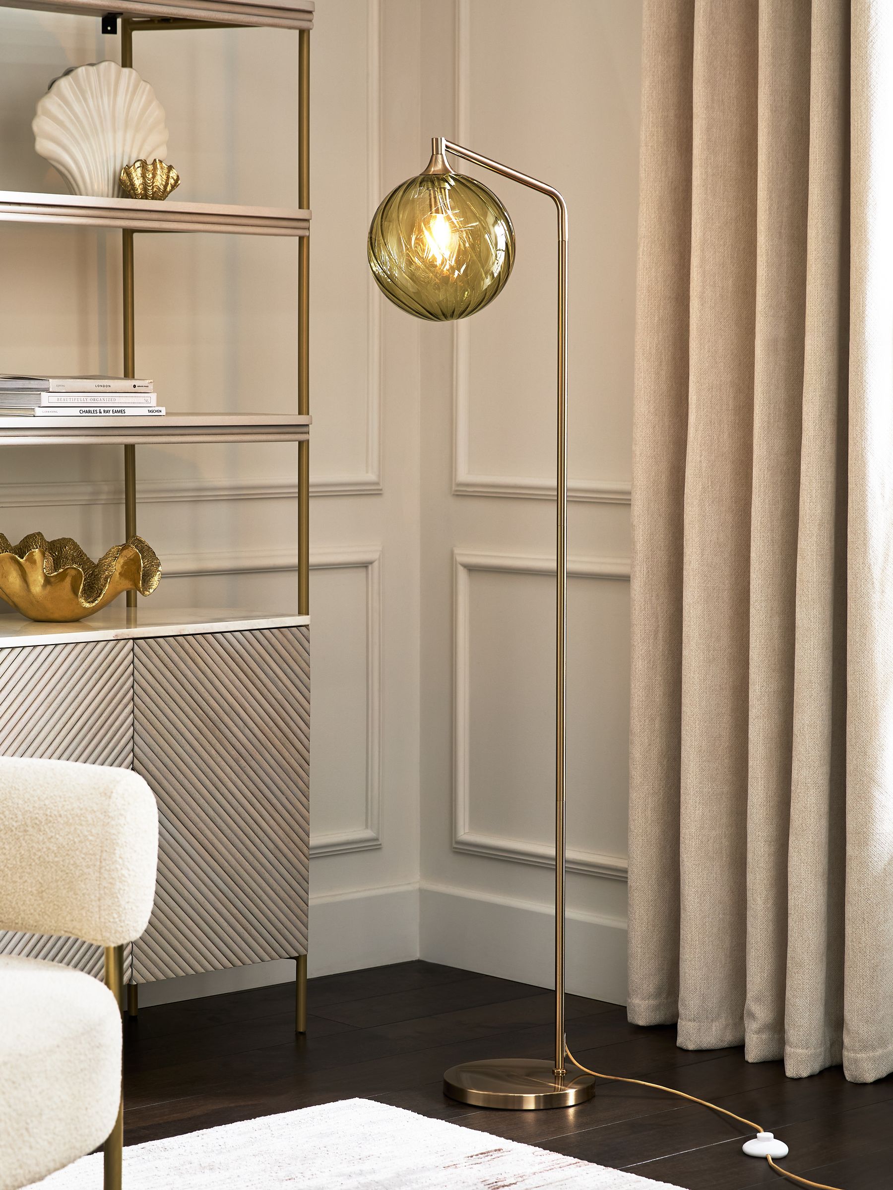 Green Freya floor lamp rippled glass shade brushed brass (British brand)
