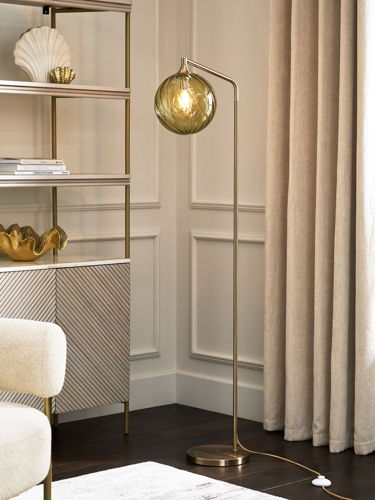 Green Freya floor lamp rippled glass shade brushed brass (British brand)