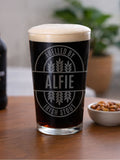 PMC personalised brewery style pint glass, imported from the UK