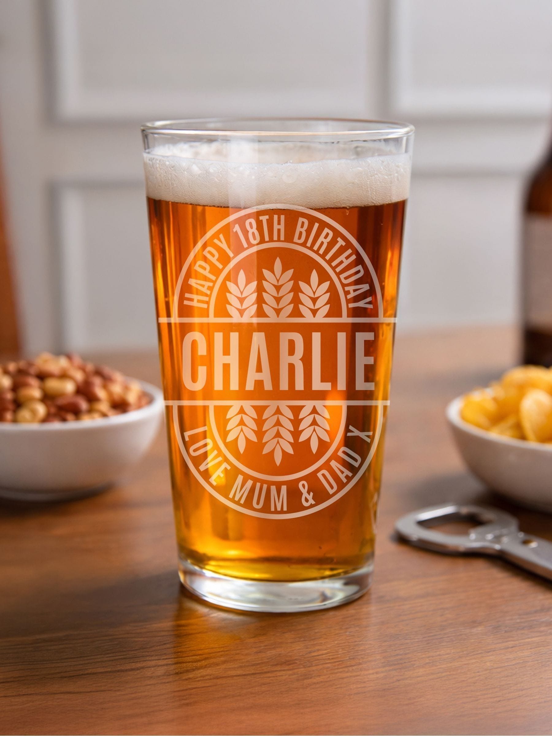 PMC personalised brewery style pint glass, imported from the UK